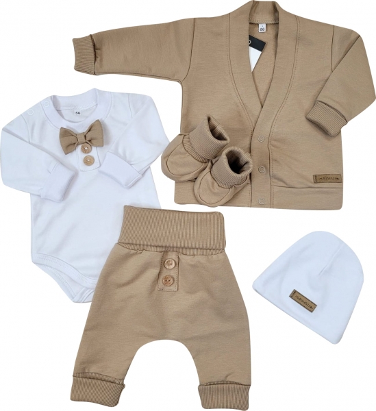 Bavlněná sada, body, kalhoty, motýlek a čepice Elegant Boy 5D, Kazum, mocca/bílá Velikost koj. oblečení: 80 (9-12m)