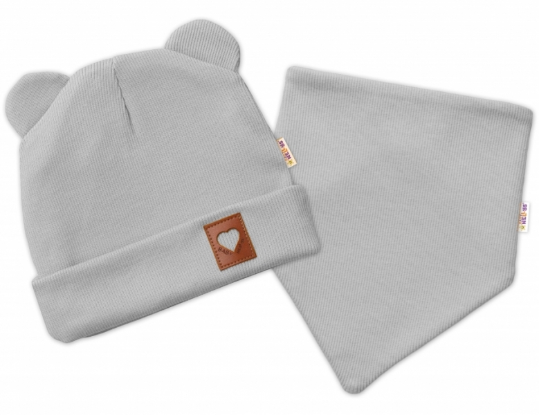 Žebrovaná dvouvrstvá čepice s oušky + šátek TEDDY - šedá Velikost koj. oblečení: 56-62 (0-3m)