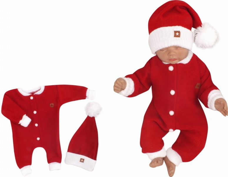 Z&amp;Z 2-dílná sada Pletený overálek + čepička Baby Santa, červený Velikost koj. oblečení: 56 (1-2m)