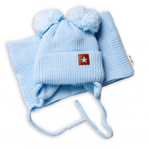 Dětská zimní čepice s šálou STAR - modrá s bambulkami, BABY NELLYS Velikost koj. oblečení: 56-68 (0-6 m)