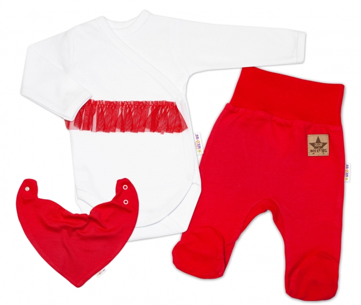 Baby Nellys 3-dílná sada Body dl. rukáv s tutu, šátek, polodupačky, červená, bílá Velikost koj. oblečení: 68 (3-6m)