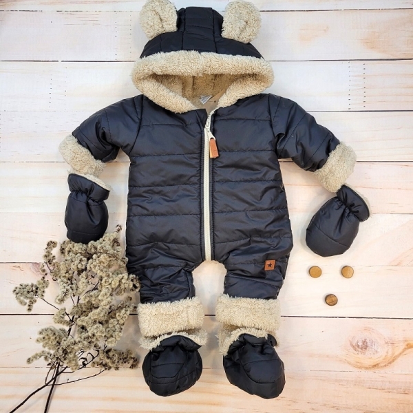 Zimní prošívaná kombinéza s kožíškem a kapucí + rukavičky + botičky, Z&amp;Z - černá Velikost koj. oblečení: 56 (1-2m)