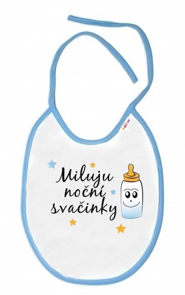 Baby Nellys Nepromokavý bryndáček Miluju noční svačinky, 24 x 27 cm - bílý s modrým lemem