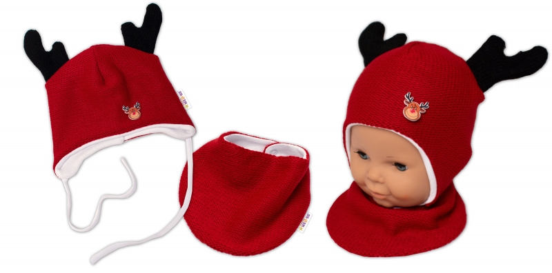 Baby Nellys Pletená dvouvrstvá čepice s šátkem Sobík, červená/bílá Velikost koj. oblečení: 56-62 (0-3m)