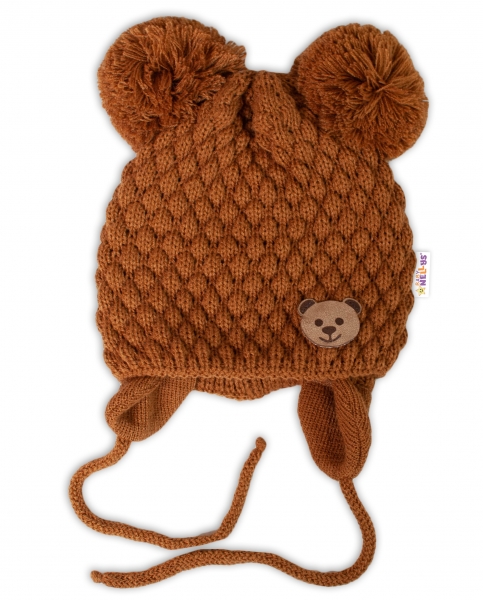 Zimní pletená čepice Teddy Bear na zavazování, hnědá, Baby Nellys Velikost koj. oblečení: 56-68 (0-6 m)