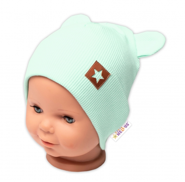 Baby Nellys Žebrovaná dvouvrstvá čepice s oušky TEDDY - mátová Velikost koj. oblečení: 80-86 (12-18m)