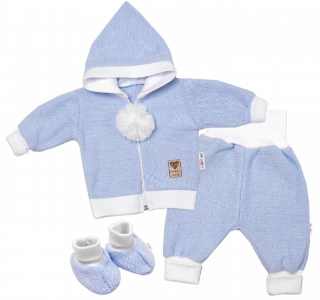 Baby Nellys 3-dílná souprava Hand made, pletený kabátek, kalhoty a botičky, modrá Velikost koj. oblečení: 56 (1-2m)