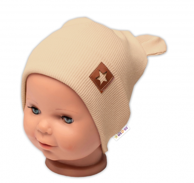 Baby Nellys Žebrovaná dvouvrstvá čepice s oušky TEDDY - béžová Velikost koj. oblečení: 80-86 (12-18m)