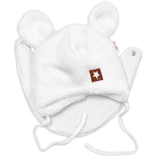 Baby Nellys Pletená zimní čepice s kožíškem a šátkem Star, bílá Velikost koj. oblečení: 56-62 (0-3m)