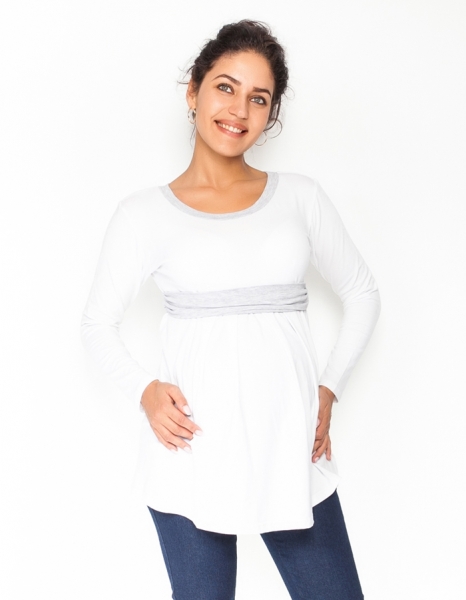 Be MaaMaa Těhotenská tunika s páskem, dlouhý rukáv Amina - bílá/pásek šedý Velikosti těh. moda: XS (32-34)