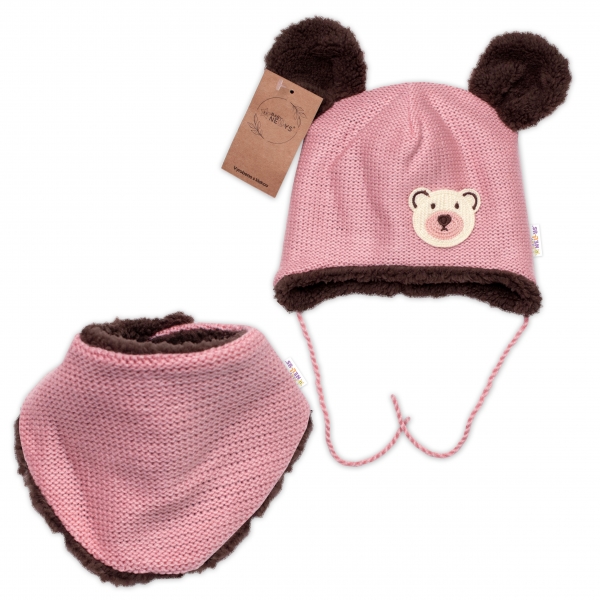 Pletená zimní čepice s kožíškem a šátkem Teddy Bear, Baby Nellys, růžová Velikost koj. oblečení: 56-62 (0-3m)