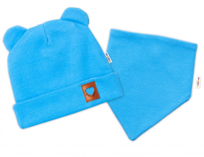 Baby Nellys Žebrovaná dvouvrstvá čepice s oušky + šátek TEDDY - modrá Velikost koj. oblečení: 92-98 (18-36m)