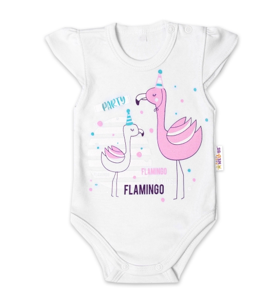 Baby Nellys Bavlněné kojenecké body, kr. rukáv, Flamingo - bílé Velikost koj. oblečení: 86 (12-18m)