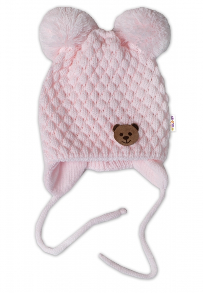 Zimní pletená čepice Teddy Bear na zavazování, růžová, Baby Nellys Velikost koj. oblečení: 56-68 (0-6 m)