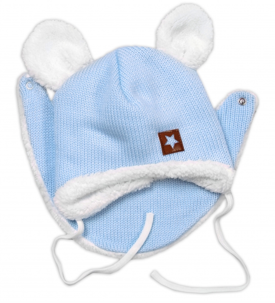 Baby Nellys Pletená zimní čepice s kožíškem a šátkem Star, modrá Velikost koj. oblečení: 56-62 (0-3m)