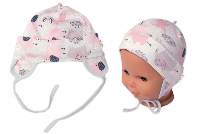 Baby Nellys Bavlněná čepička na zavazování, Sloníci, růžová, lem šedý Velikost koj. oblečení: 50-56 (0-2m)