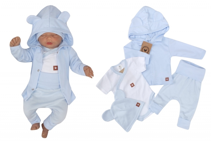 Novorozenecká sada 4D, body kr. rukáv, tepláčky, kabátek a čepička Z&amp;Z, modrá Velikost koj. oblečení: 56 (1-2m)