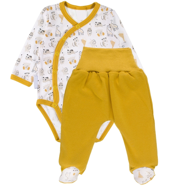 Zavinovací kojenecké body + polodupačky, bavlna, 2D sada, MBaby, Safari - hořčicovo/bílé Velikost koj. oblečení: 56 (1-2m)