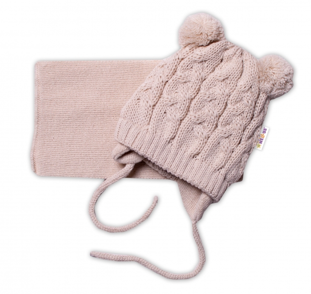 Zimní pletená kojenecká čepička s šálou TEDDY - béžová s bambulkami, vel.62/68 Velikost koj. oblečení: 62-68 (3-6m)