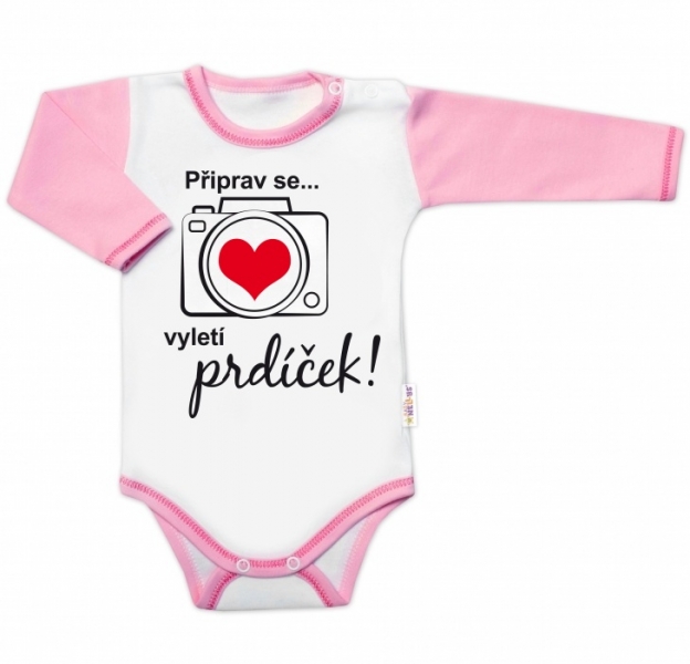 Body dlouhý rukáv s vtipným textem Baby Nellys, Připrav se....vyletí prdíček, holka Velikost koj. oblečení: 86 (12-18m)