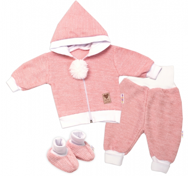 Baby Nellys 3-dílná souprava Hand made, pletený kabátek, kalhoty a botičky, růžová Velikost koj. oblečení: 62 (2-3m)