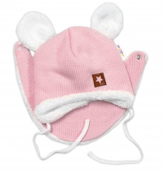 Baby Nellys Pletená zimní čepice s kožíškem a šátkem Star, růžová Velikost koj. oblečení: 68-74 (6-9m)