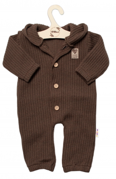 Baby Nellys Pletený overálek s kapucí a knoflíčky Hand Made, hnědý Velikost koj. oblečení: 56-62 (0-3m)