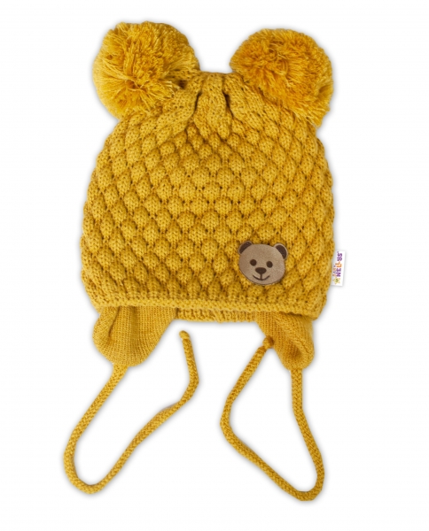 Zimní pletená čepice Teddy Bear na zavazování, hořčicová, Baby Nellys Velikost koj. oblečení: 56-68 (0-6 m)