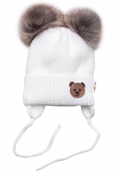 Dětská zimní čepice s fleecem Teddy Bear - chlupáčk. bambulky - bílá, šedá, BABY NELLYS Velikost koj. oblečení: 56-68 (0-6 m)