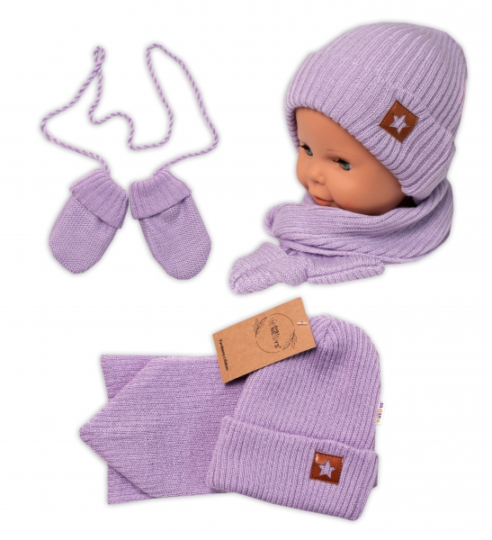 Baby Nellys Pletená čepice s šálou a rukavičky 3v1, STAR - fialová Velikost koj. oblečení: 56-62 (0-3m)