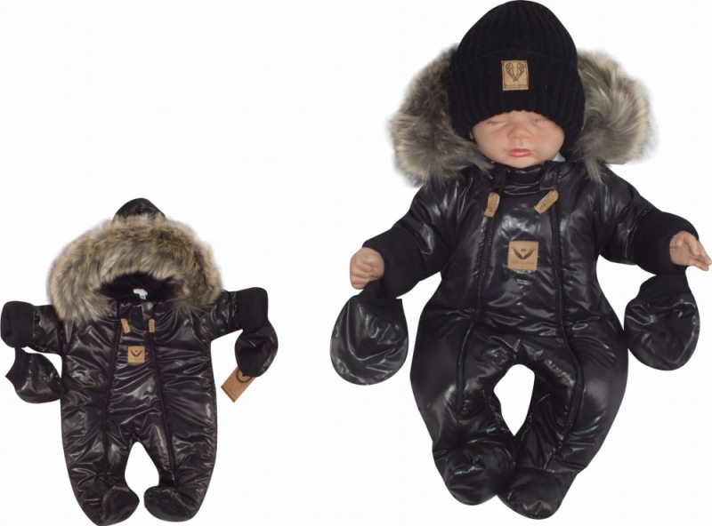 Zimní kombinéza s dvojitým zipem, kapucí a kožešinou + rukavičky Z&amp;Z, Angel - černý Velikost koj. oblečení: 62 (2-3m)