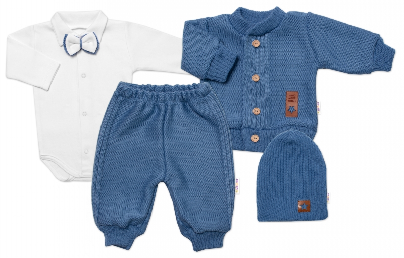 5-dílná pletená sada Baby Nellys, Boy, body, kalhoty, svetr, čepička, motýlek - modrá Velikost koj. oblečení: 62 (2-3m)