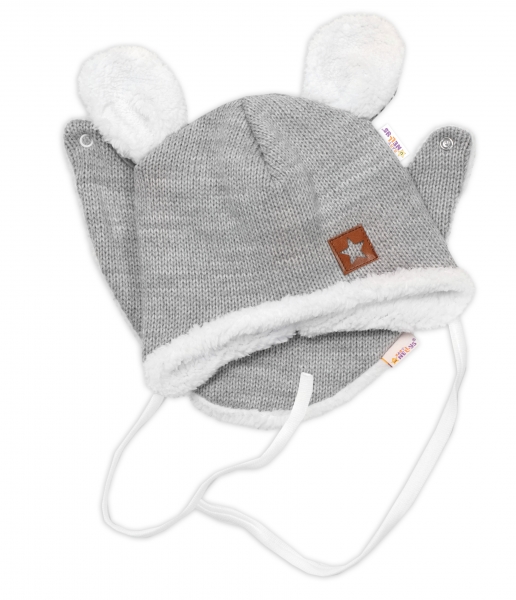 Baby Nellys Pletená zimní čepice s kožíškem a šátkem Star, šedá Velikost koj. oblečení: 56-62 (0-3m)