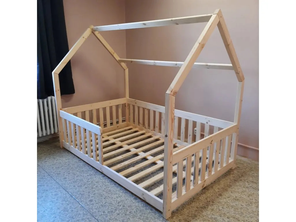 Dětská postel DOMEČEK ANIA, 90 x 200 cm, surové dřevo