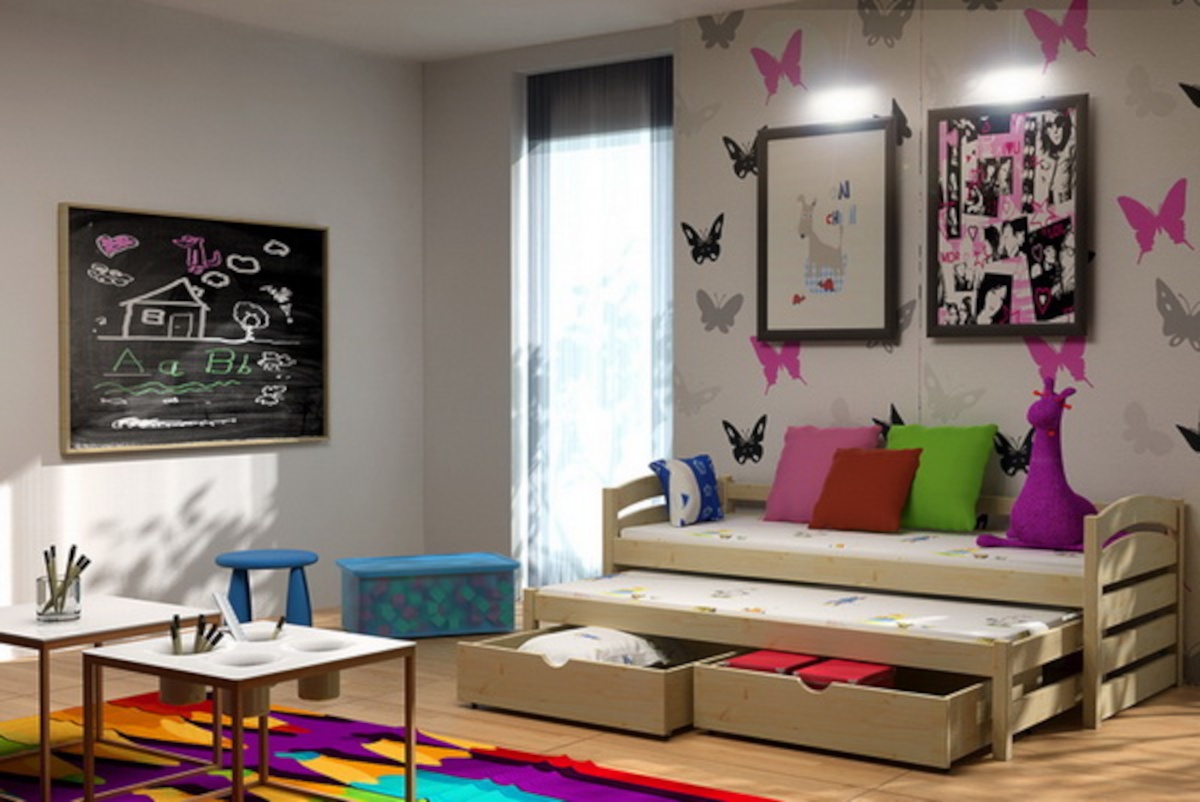 Dětská postel s přistýlkou TAMARA PINE vč. roštů Barva: barva růžová, Rozměr: 90 x 180 cm, Zásuvky: ne