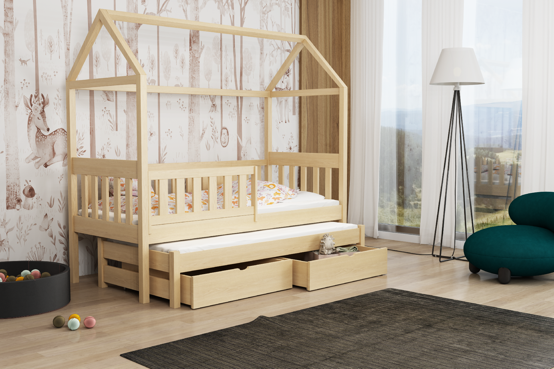 Dětská postel domeček s přistýlkou ROAR KIDBED TWO + rošty Barva: surové dřevo, Rozměr: 80 x 180 cm, Zásuvky: ano
