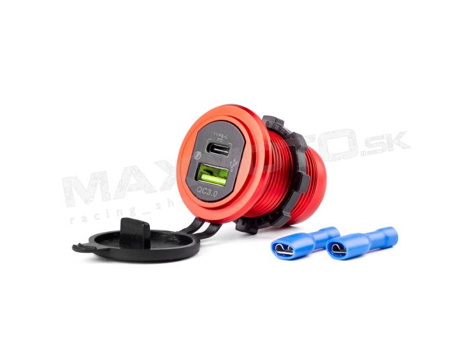Nabíjačka MOD-09 AMIO - USB QC 3.0 + USB-C, 12/24V, červené podsvietenie