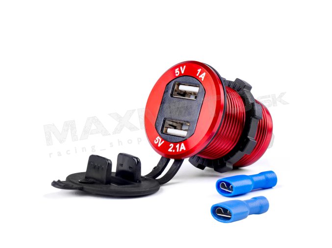 Nabíjačka MOD-11 AMIO - 2xUSB 1A/ 2.1A, 12/24V, červené podsvietenie