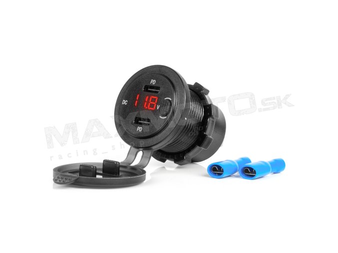 Vodotesná telefónna nabíjačka so spínačom ČERVENÝ LED indikátor digitálny voltometer 2xUSB C 12/24V AMIO-04226