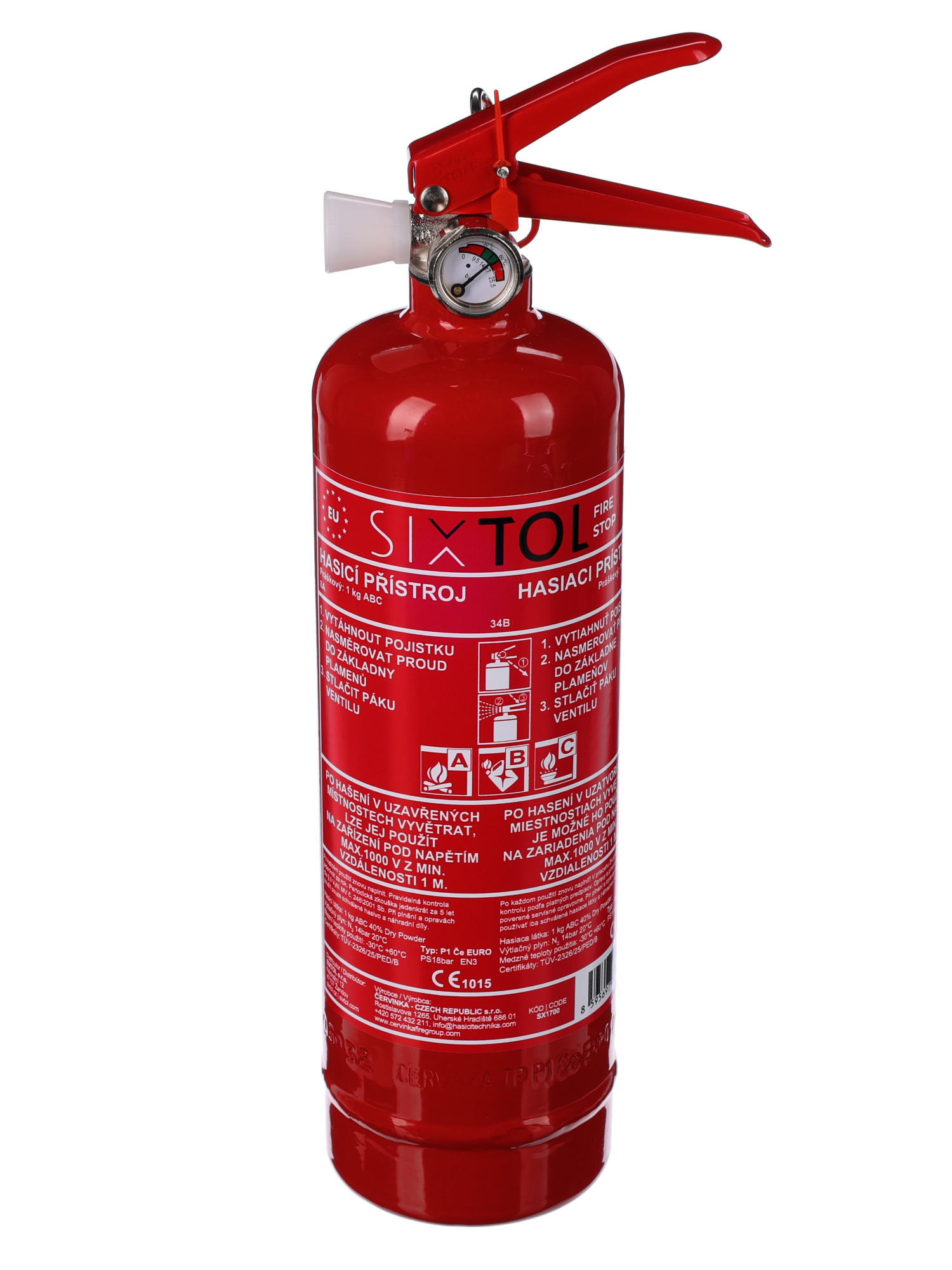 Práškový hasiaci prístroj FIRE STOP 1 kg, ABC, celokovový, vrátane kovového držiaka SIXTOL