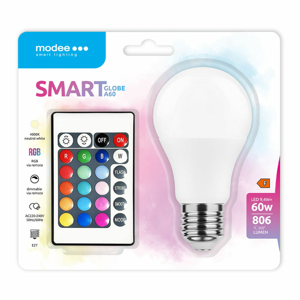 Modee LED Smart Globe A60 9,4W E27 806lm, farebná RGB-W, diaľkové ovládanie (MSL-G9,4WE27RGB-R) T00060905