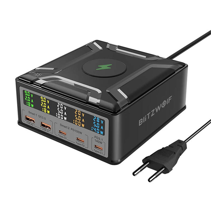 Blitzwolf BW-S28 260W, 2xUSB-A, 3xUSB-C, 15W wireless charger (black) BW-S28
