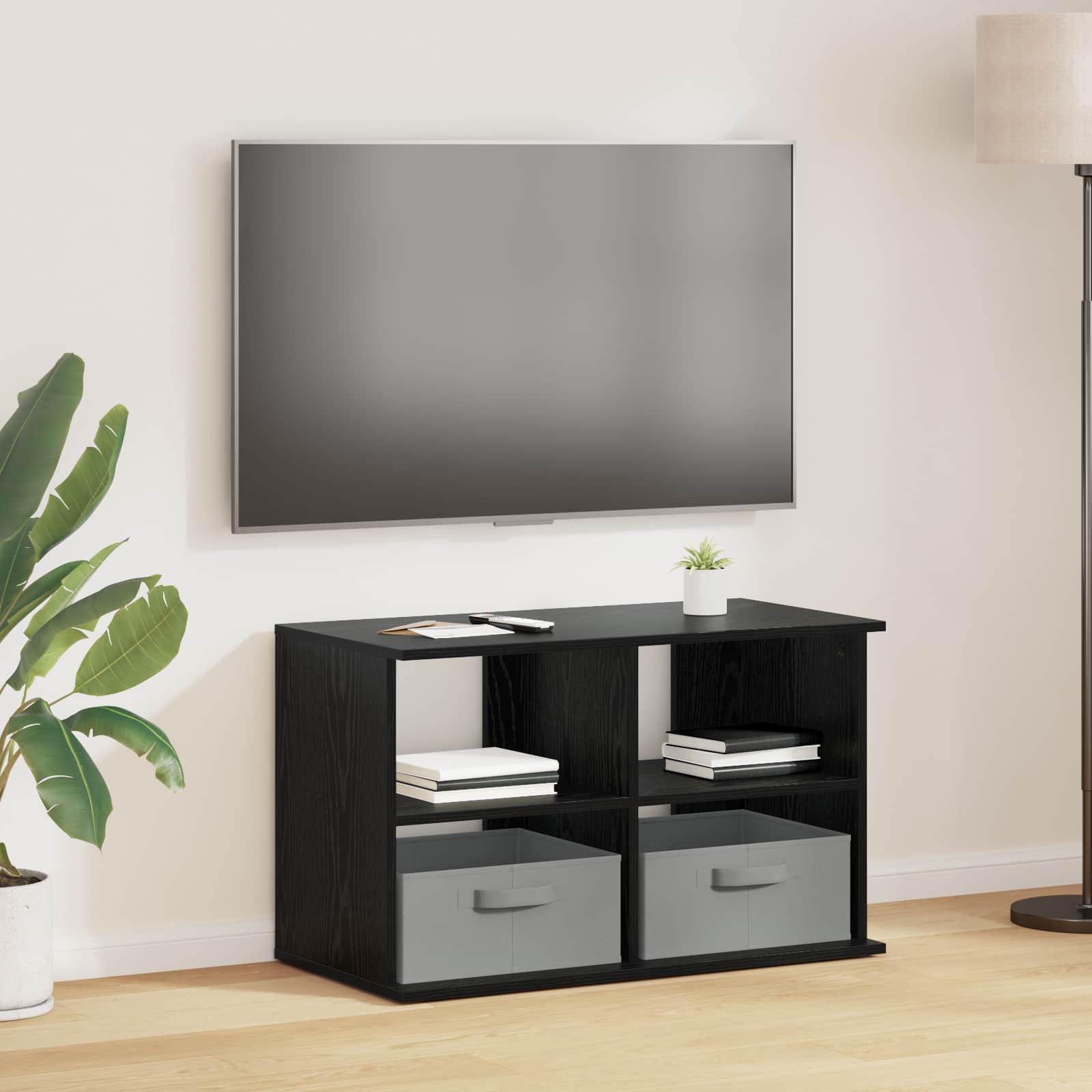 vidaXL Stojan na televízor so zásuvkou Čierny dub 79 x 40 x 48 cm
