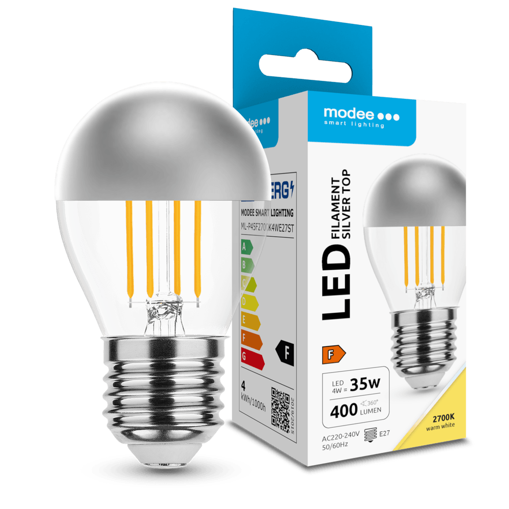 Modee LED žiarovka Filament Globe Mini P45 Silver Top 4W E27 400lm teplá biela (ML-P45F2700K4WE27ST) T00015879
