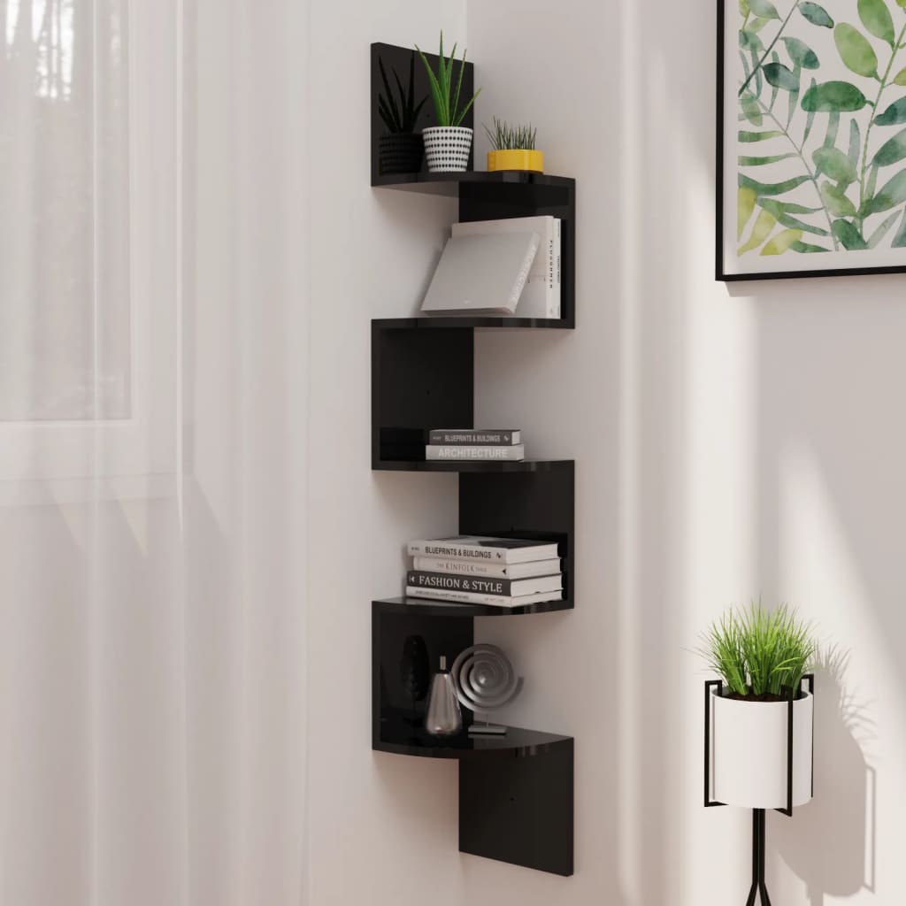 vidaXL Nástenný rohový regál lesklý čierny 19x19x123cm, kompozit drevo