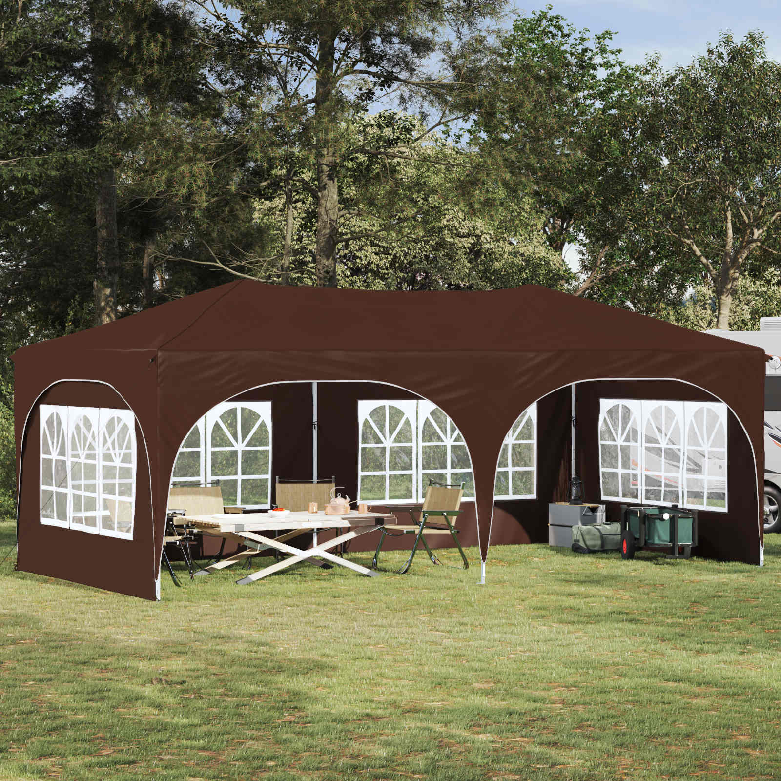 vidaXL Prístrešok na párty 575 x 288 x 245 cm Hnedá Oxfordská látka
