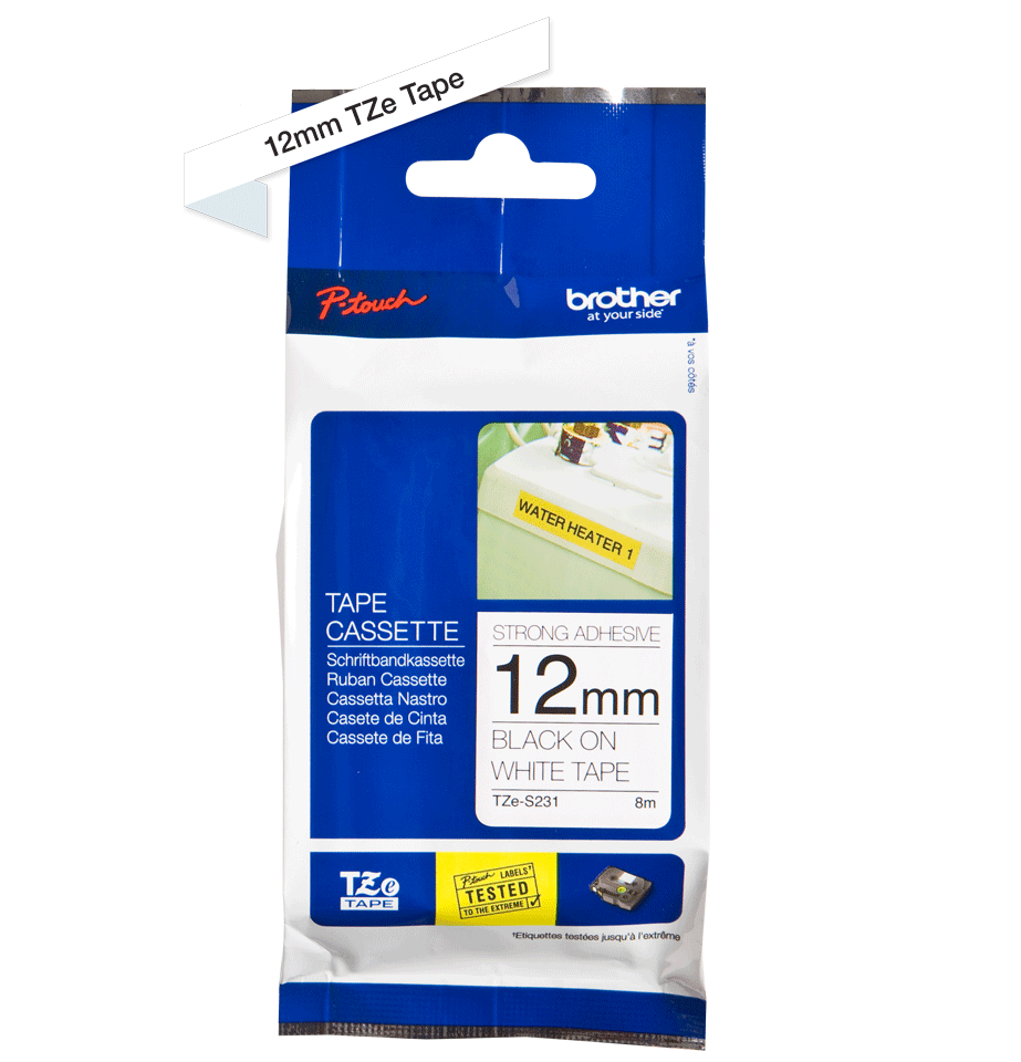 Extra silné lepidlo - černá na bílé - Role (1,2 cm x 8 m) 1 kazeta/y lamino páska - pro Brother PT-P750; P-Touch Cube PT-P910; P-Touch Cube Plus…