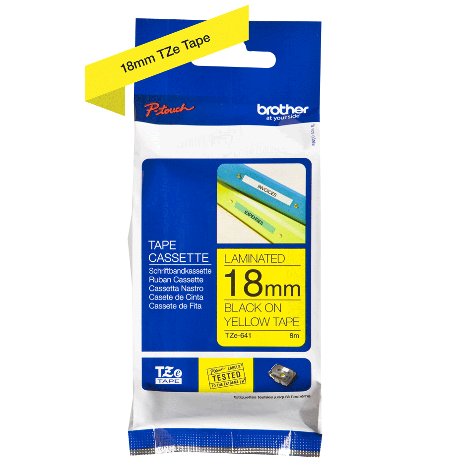 BROTHER Standardní lepidlo - černá na žluté - Role (1,8 cm x 8 m) 1 kazeta/y lamino páska - pro P-Touch PT-D460, D610; P-Touch Cube PT-P910; P-Touch …