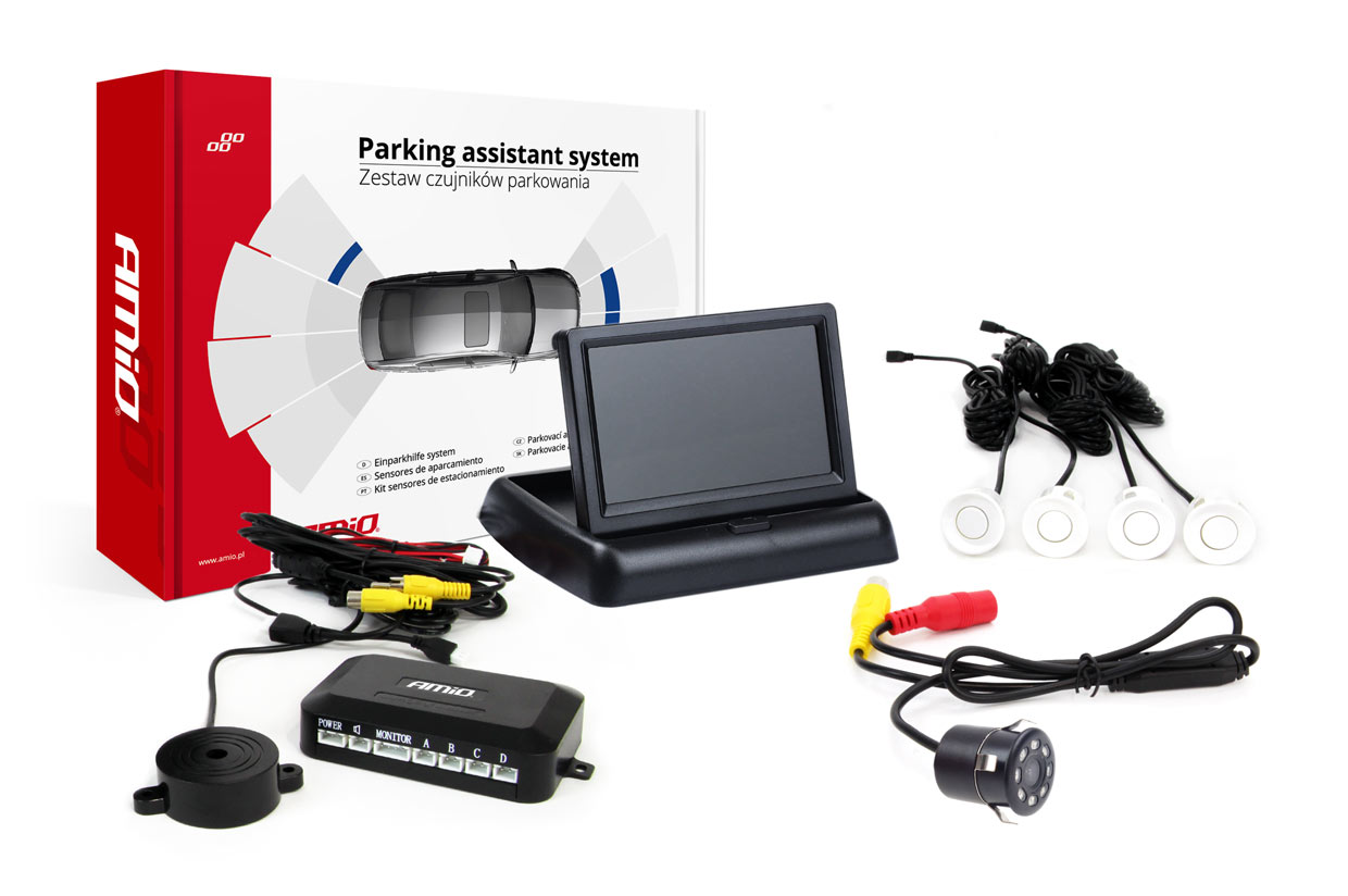 Parkovací asistent TFT02 4,3" s kamerou HD-307-IR 4 senzory bílé
