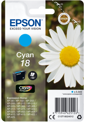 EPSON 3,3 ml - azúrová - originálna - atramentová kazeta - pre Expression Home XP-212, 215, 225, 312, 315, 322, 325, 412, 415, 422, 425 C13T18024012